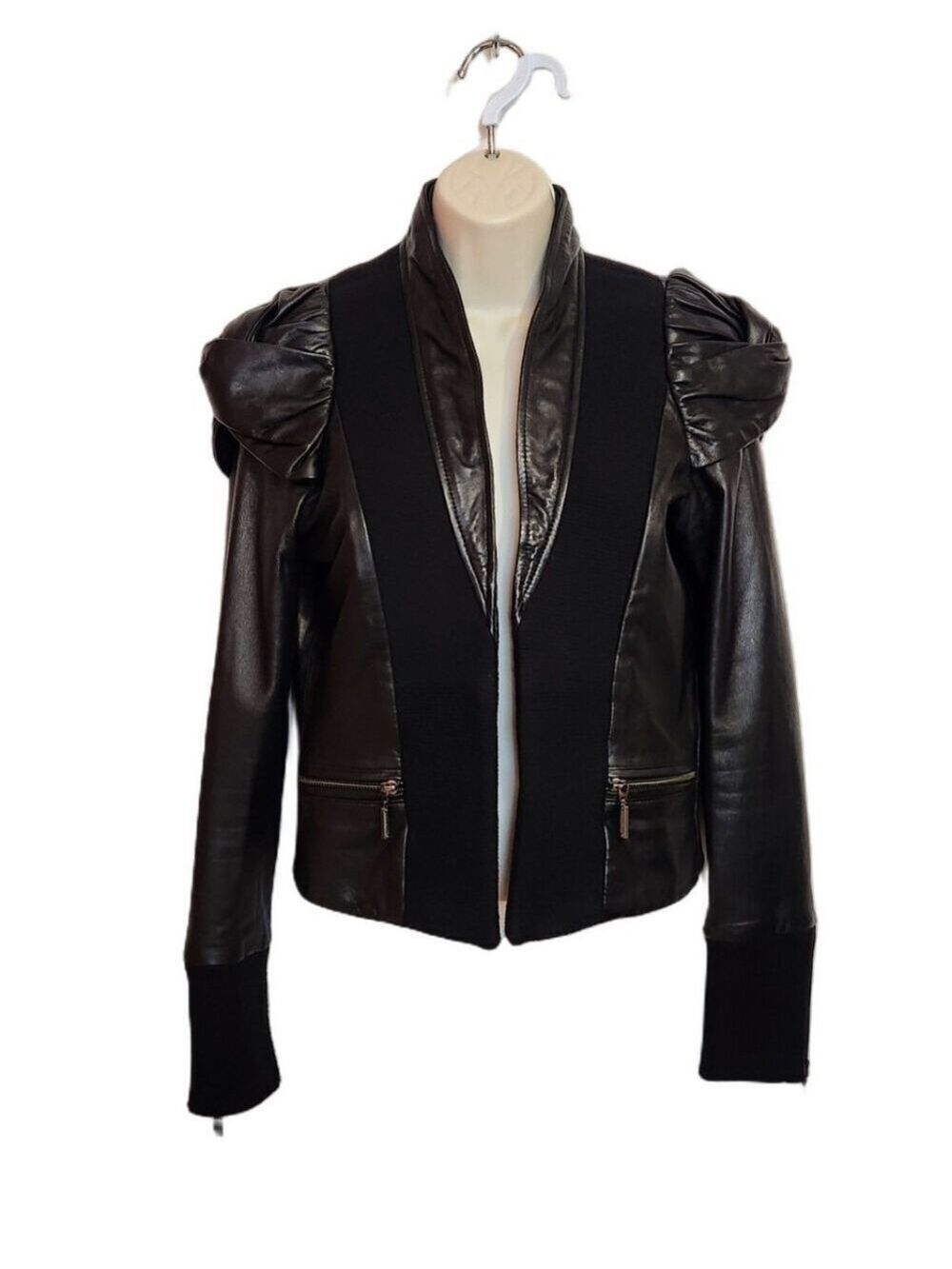 Afflication Leather Ribbed Knit Open Front Twist Puff Sleeve Moto Jacket Black M